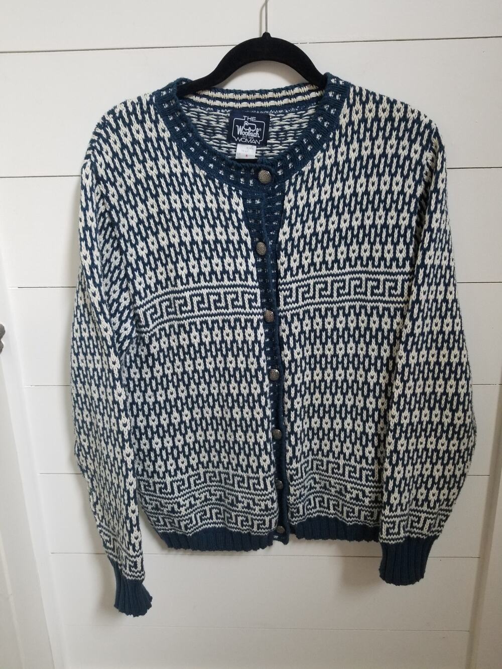 90s Vtg Woolrich Woman's Cotton Sweater Cardigan Blue/White Geometric Button Up